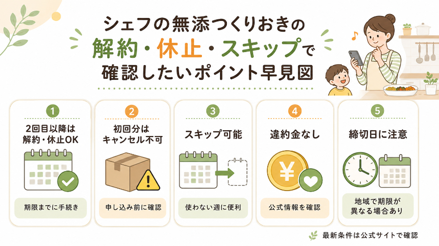 解約・休止・スキップで確認したいポイント早見図