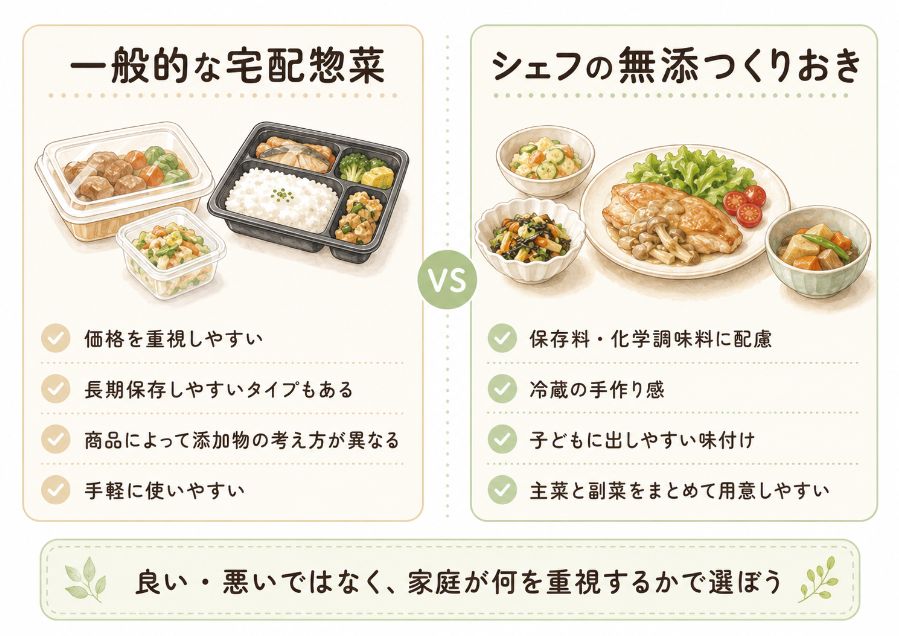 一般的な宅配惣菜とシェフの無添つくりおきの比較