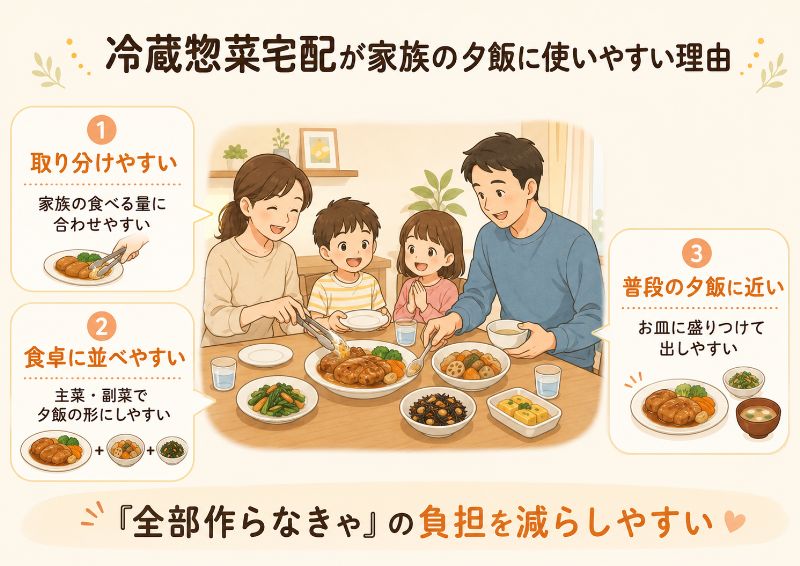 冷蔵惣菜宅配が家族の夕飯に使いやすい理由の整理図
