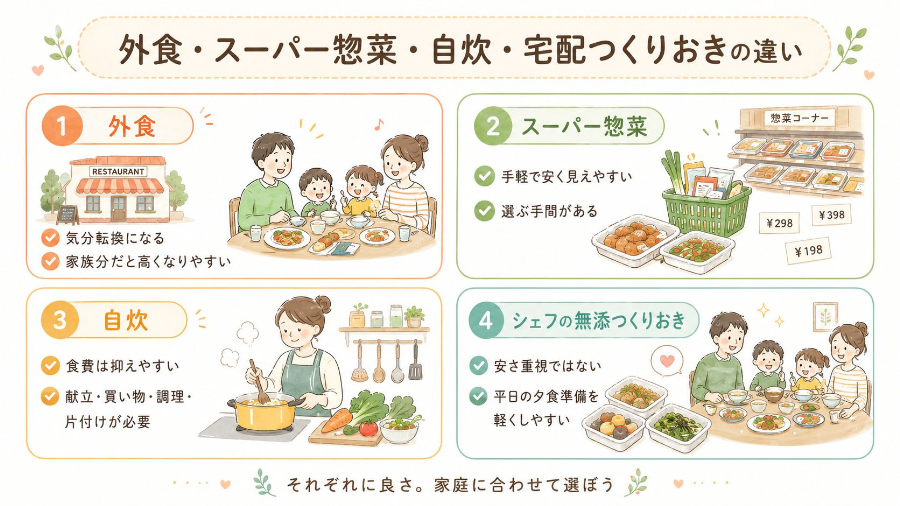 外食・惣菜・自炊・シェフの無添つくりおきの違い