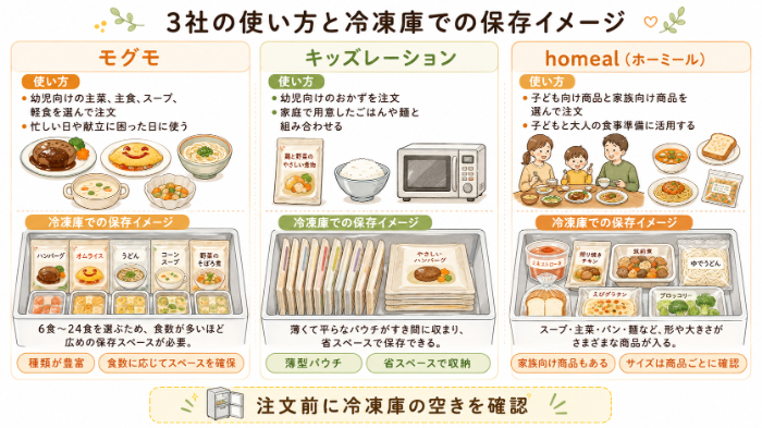 3社の使い方と冷凍庫での保存イメージ