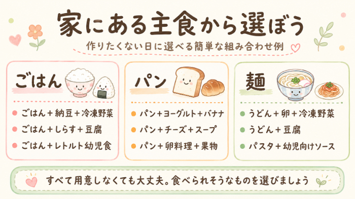 ごはん・パン・麺から選べる簡単献立の組み合わせ一覧