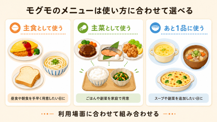 主食・主菜・汁物を利用場面別に組み合わせる