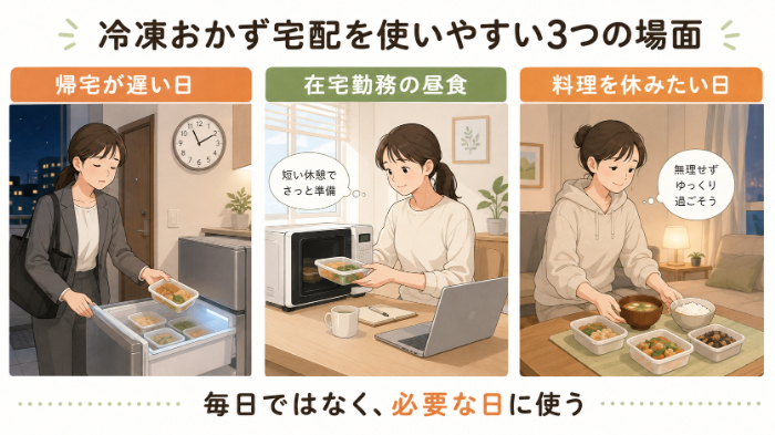 一人暮らしで冷凍おかず宅配を使う生活場面