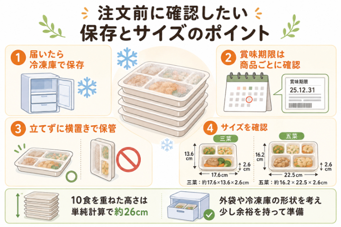 賞味期限・保存場所・容器サイズがひと目で分かる要点図