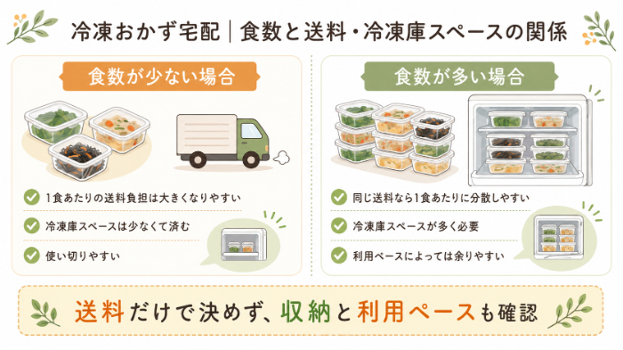食数・送料負担・冷凍庫スペースの関係