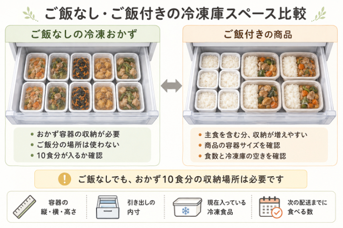 ご飯なし・ご飯付きの冷凍庫スペース比較