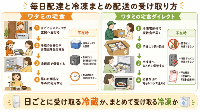 毎日配達と冷凍まとめ配送の受け取り方比較