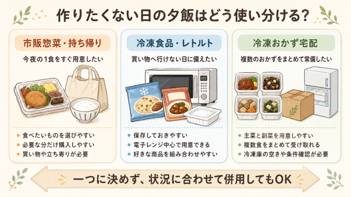 市販惣菜・冷凍食品・冷凍おかず宅配の使い分け