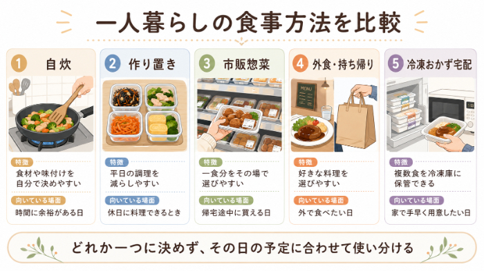 自炊・作り置き・市販惣菜・外食・冷凍おかず宅配の比較図