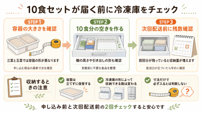 10食セットを受け取る前の冷凍庫チェック手順