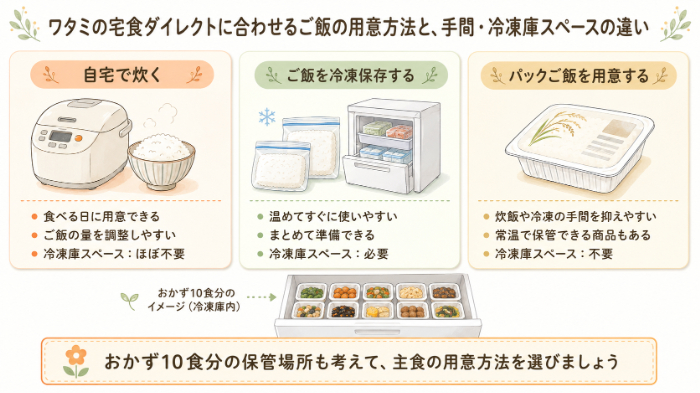 ご飯の用意方法別｜手間と冷凍庫スペースの違い