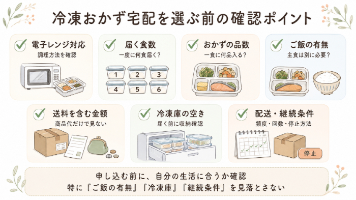 冷凍おかず宅配を選ぶ前の確認ポイント